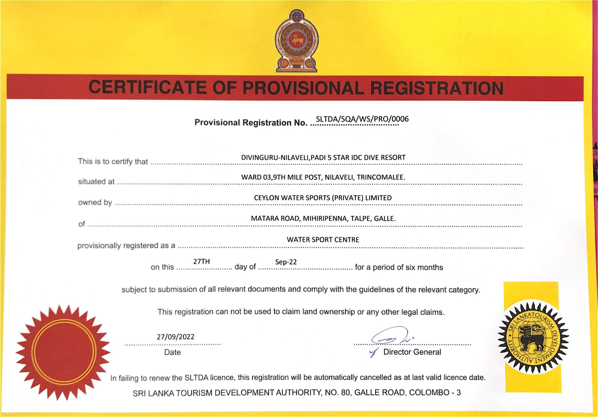 Tourist Board certificate for our diving centre Divinguru Nilaveli