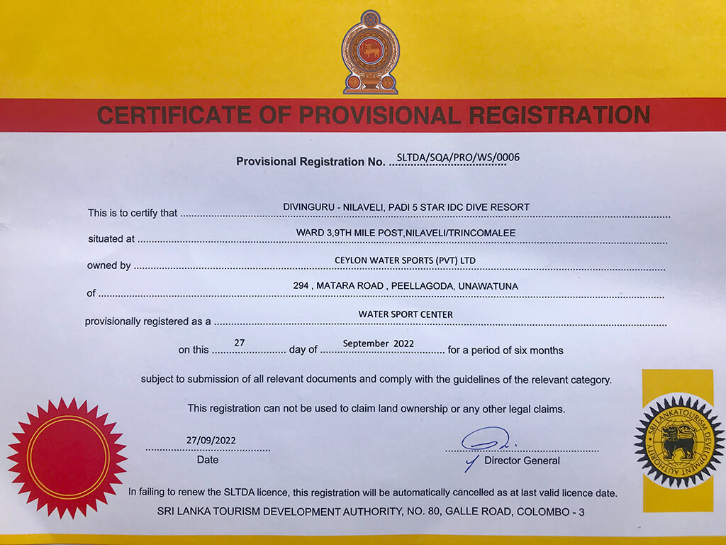 Tourist Board certificate for our diving centre Divinguru Nilaveli